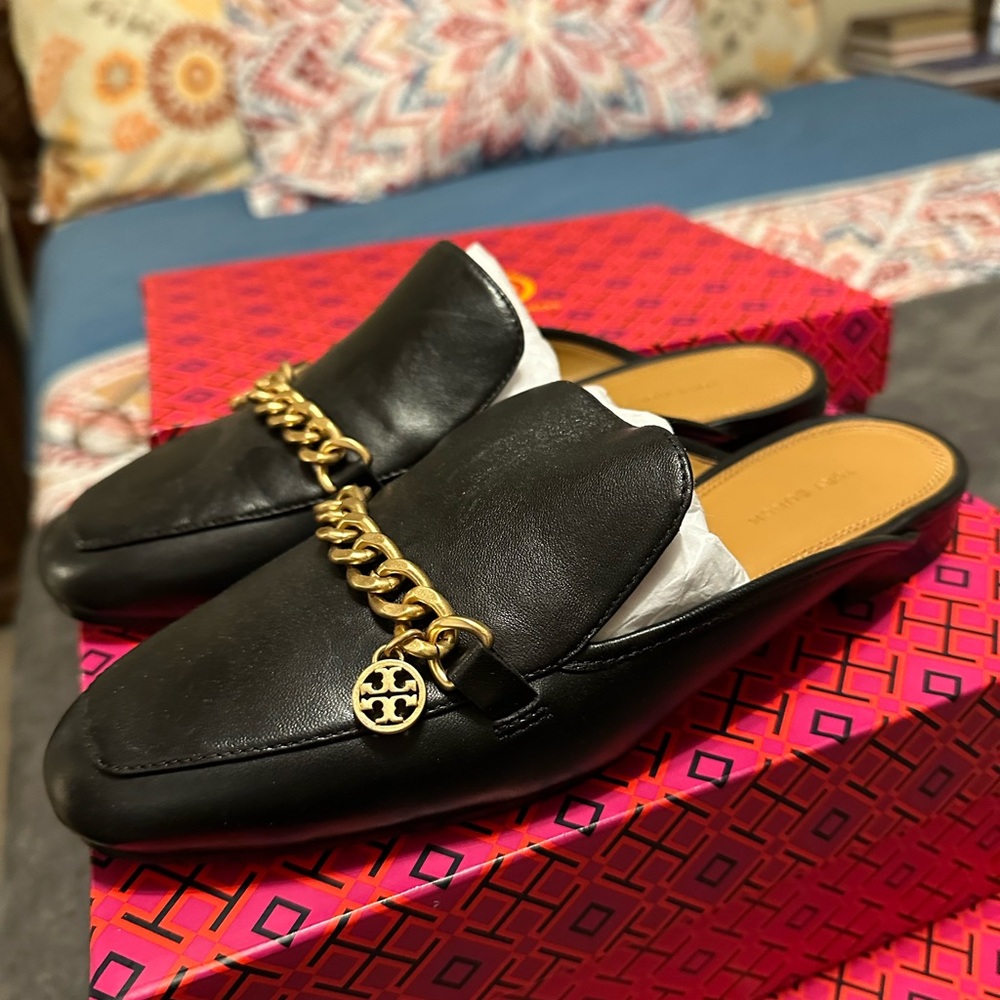 Tory Burch Black Mules with Gold Chain